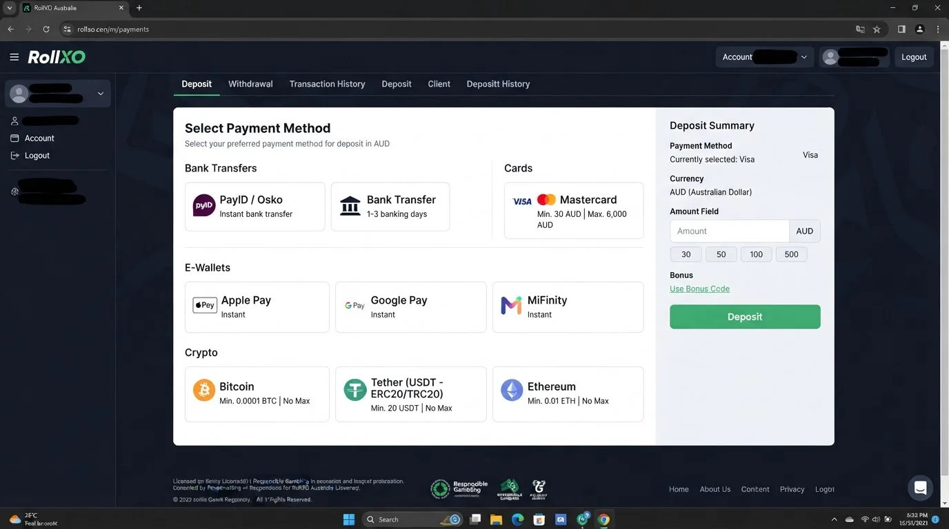 RollXO payment options including cards, mobile wallets, bank transfer and cryptocurrency