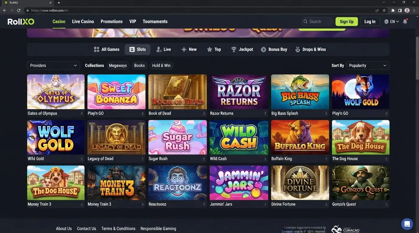 RollXO casino lobby with pokies, game categories and provider filters