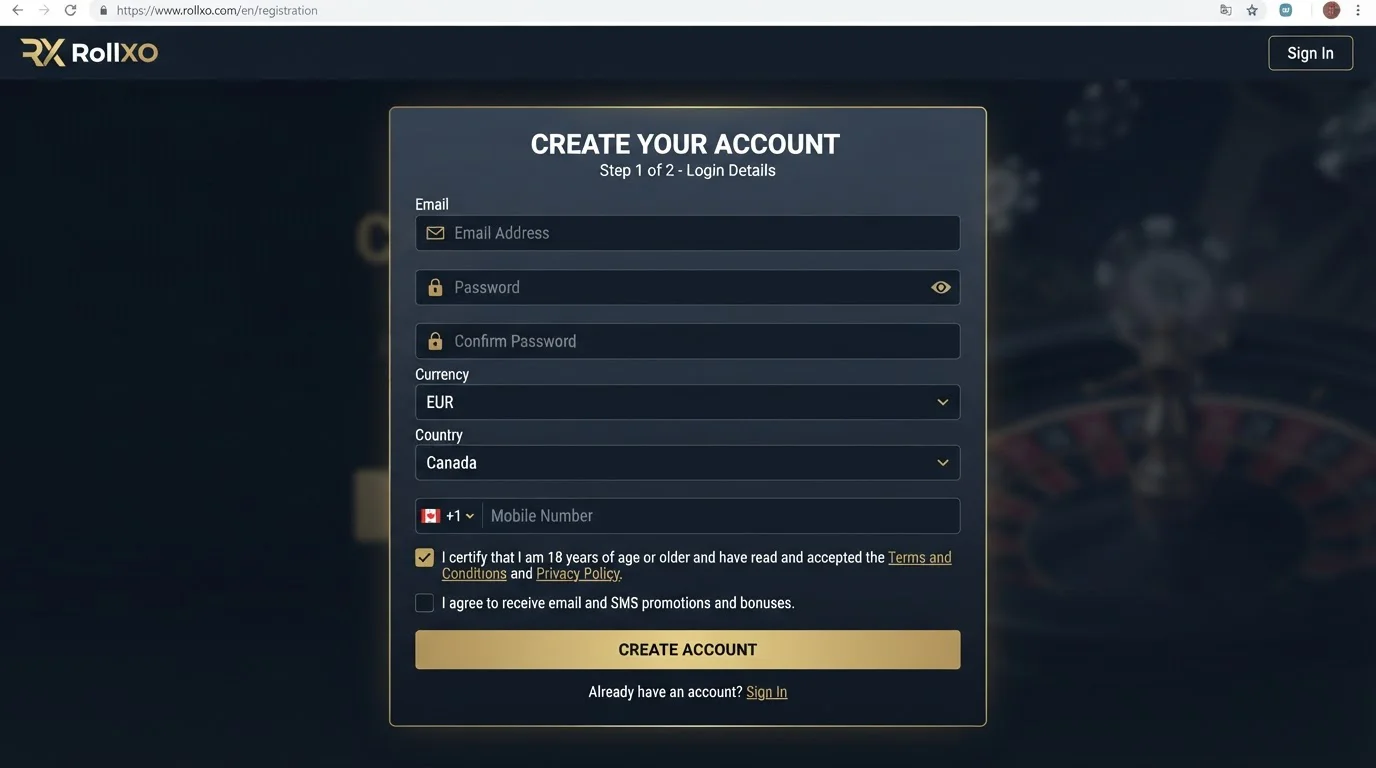 RollXO account registration page with fields for creating a personal profile