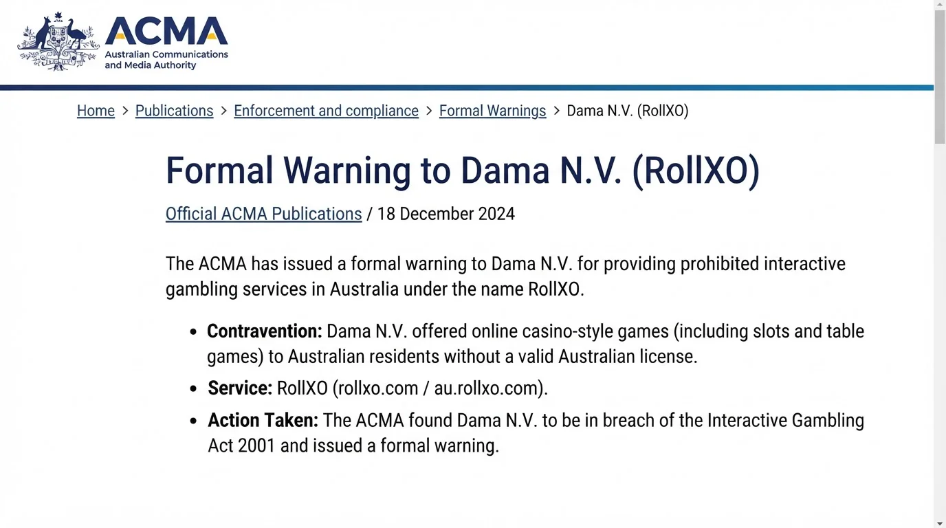 ACMA enforcement information concerning RollXO and illegal online gambling services in Australia