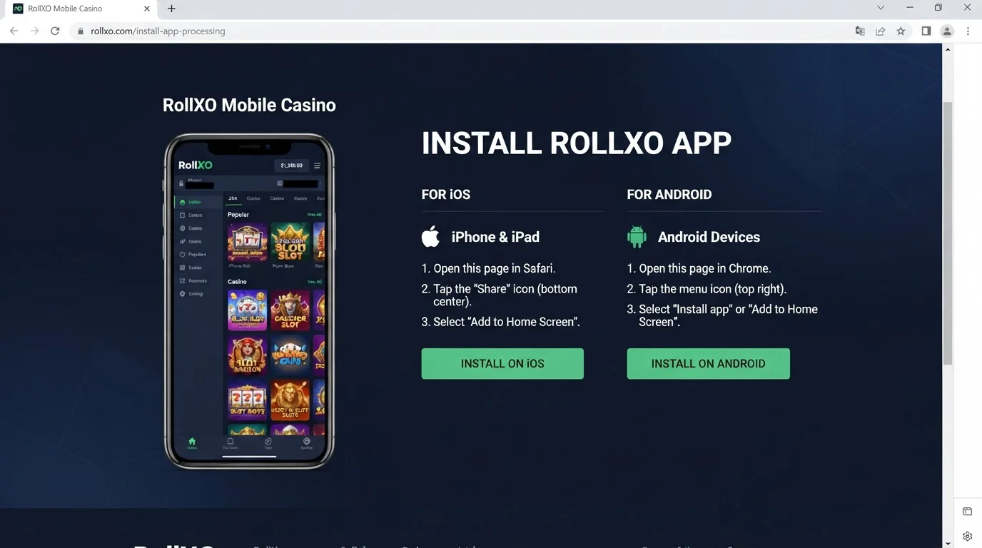 RollXO mobile page showing casino access and official iPhone and Android install options