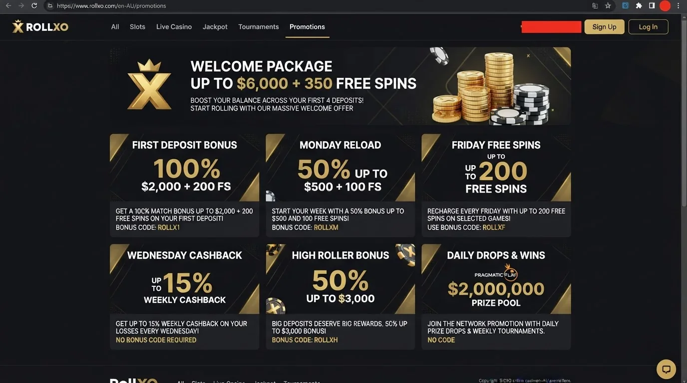 RollXO promotions page with welcome offers and bonus codes for Australian players