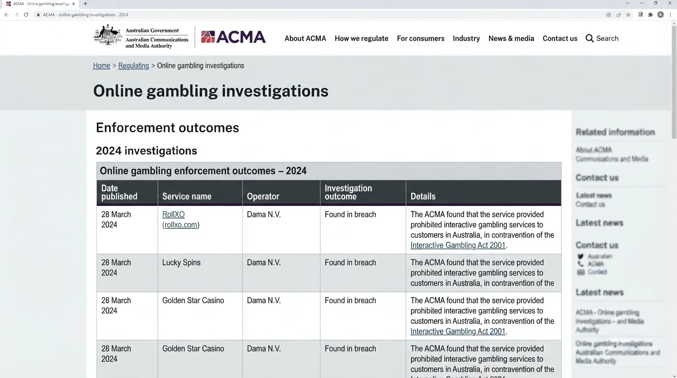ACMA online gambling investigations page listing RollXO in 2024 enforcement outcomes